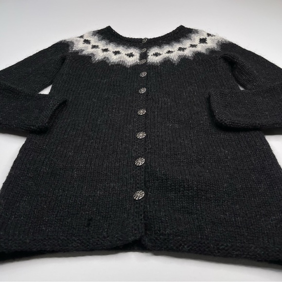 Fair Isle Cardigan Sweater Hand Knit Iceland Wool Black Grey Fisherman Apres Ski - Picture 2 of 15